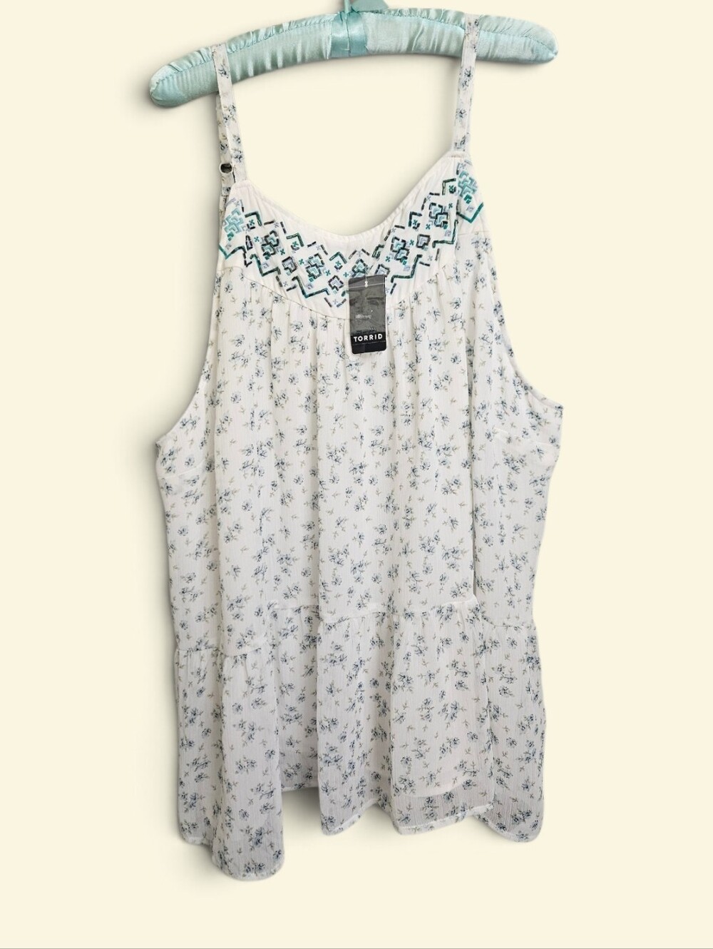 torrid White Floral Embroidered Camisole with Teal Accent